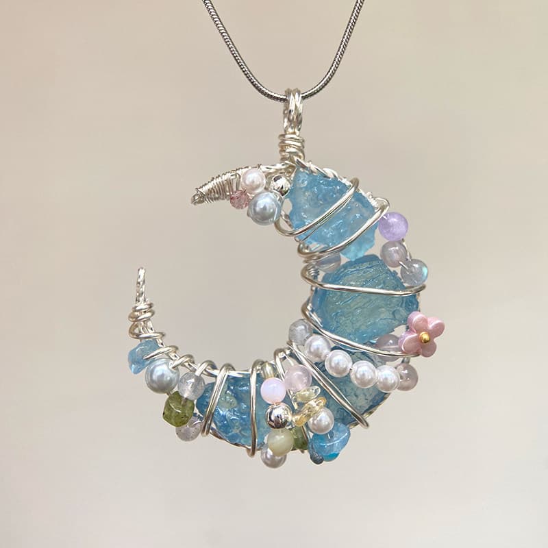Aquamarine ametista rosa branco cristal puro artesanal lua enrolamento colar clavícula corrente pingente pingente pedra