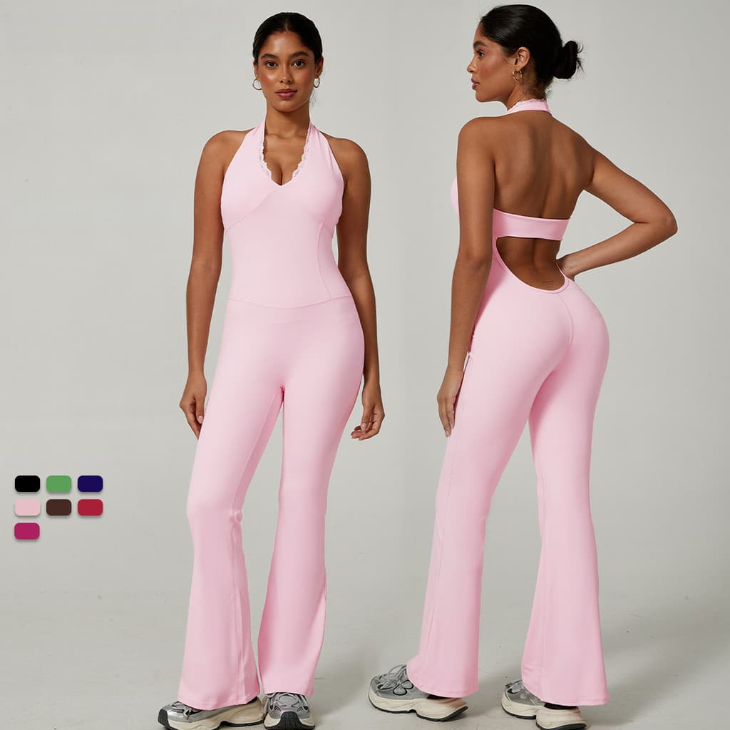 Macacão de renda com decote em V Yoga Wear Roupas de Fitness Hip-Lifting Abdômen Halter Macacão Flar