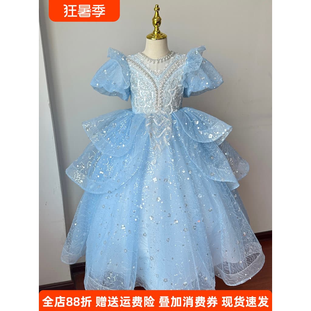 Meninas azul vestido de noite crianças aniversário banquete flor menina vestido de princesa anfitrião Piano desempenho b