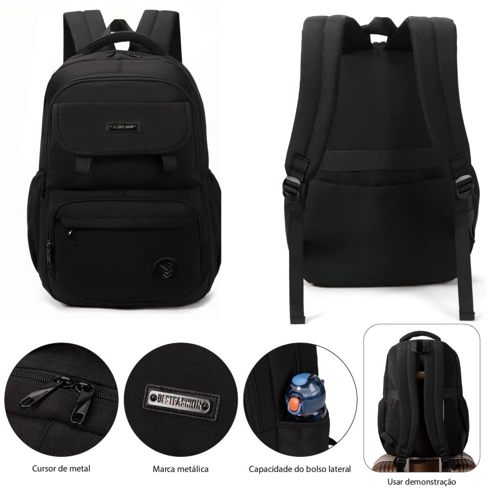 Mochila Casual Grande Capacidade Notebook 15.6" Bolsa Escolar Trabalho Preta