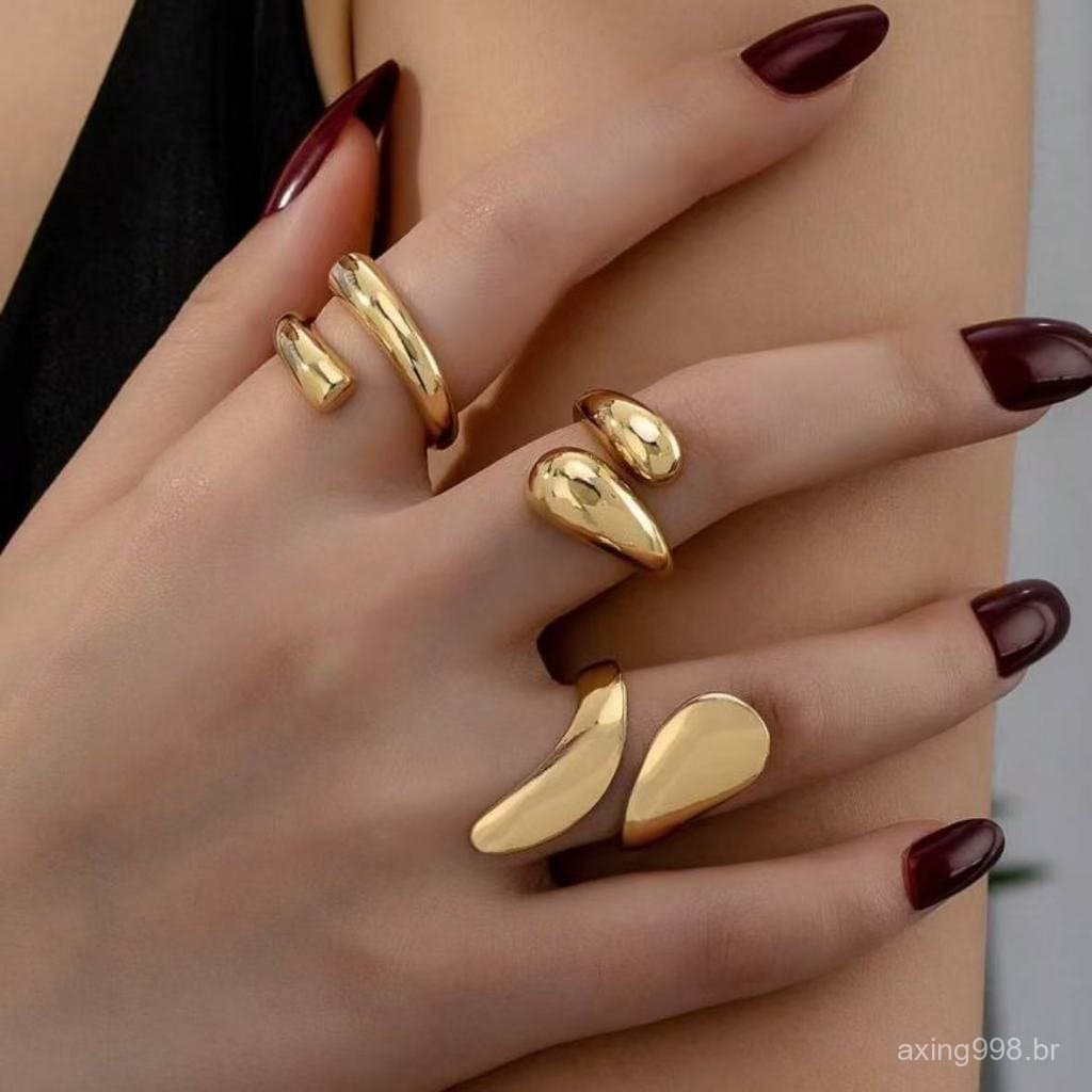 Kit 3 Anéis Femininos Irregulares Modernos Ajustável  Banhados a Ouro 18K e prata 925