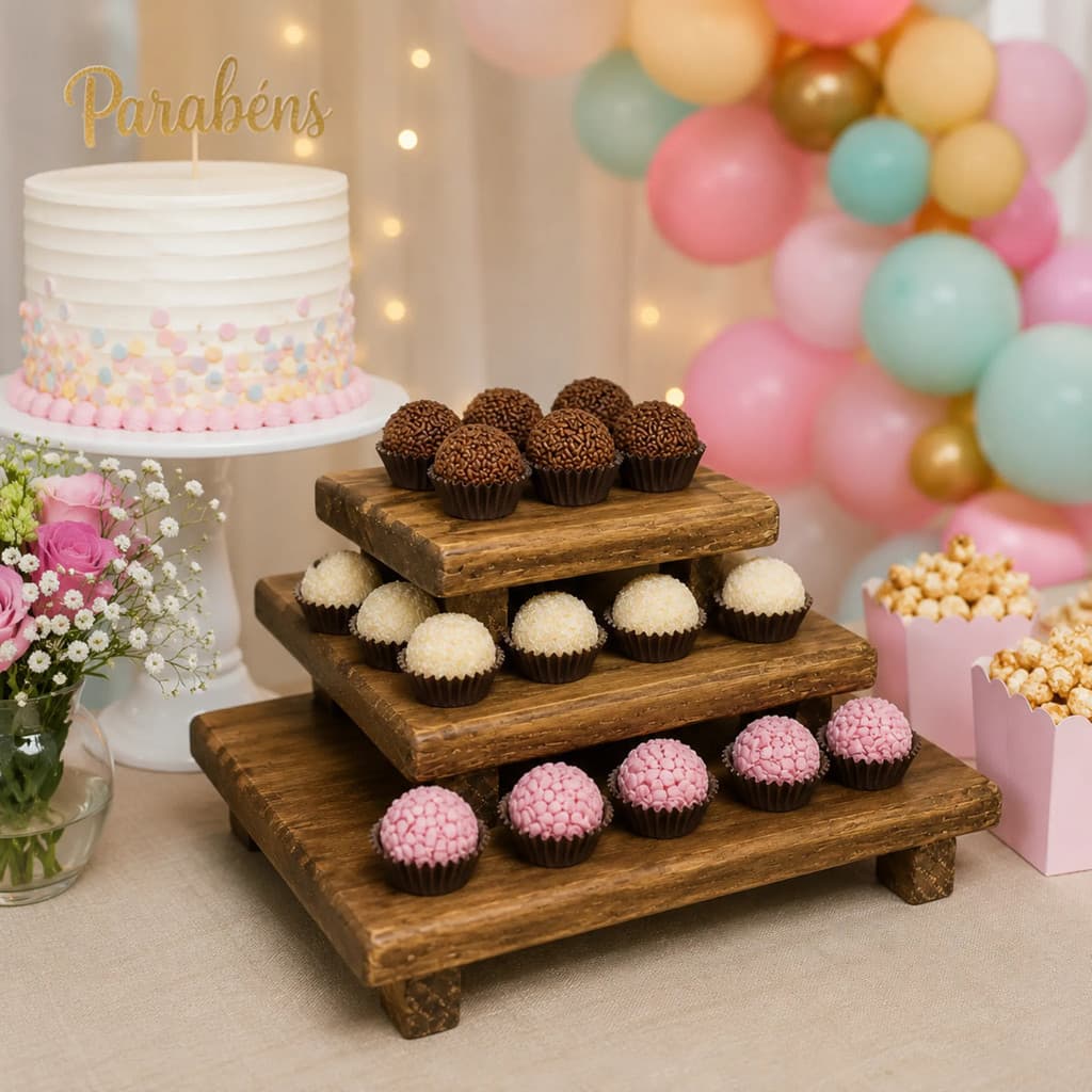 Trio De Bandejas Quadradas Em Madeira Para Decoração De Mesa