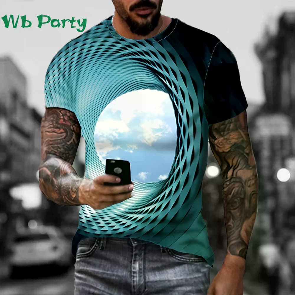Nuvens E Céu Ilusão Óptica 3D Impressão Gráfica Roupas Masculinas Camisetas Para Homem Manga Curta Camiseta O-Pescoço