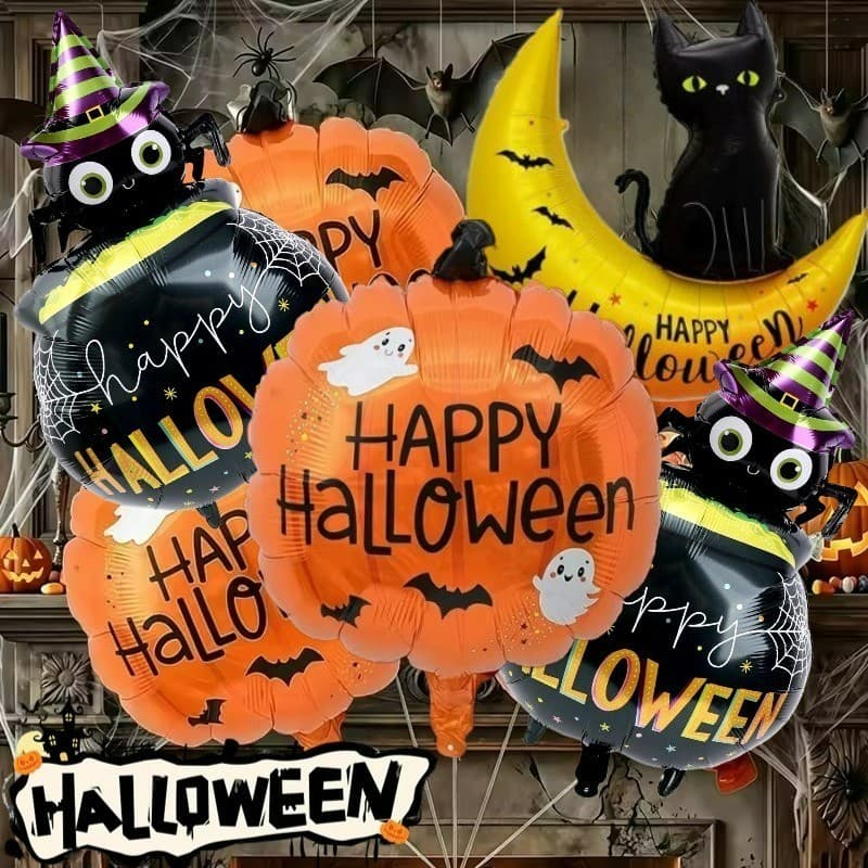 [Decoração De Halloween] Balão Temático-Balões Infláveis De Filme De Alumínio-De Ar De Aranha De Gato De Lua De Abóbora-