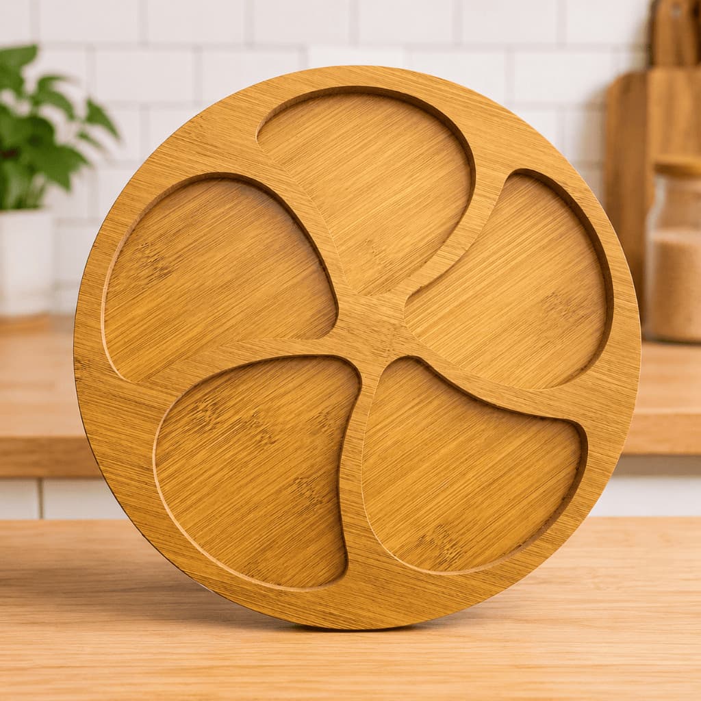 Petisqueira Redonda Tipo Bambu 29cm 5 Divisórias Folha Tábua Frios Queijos Petiscos Mesa Posta
