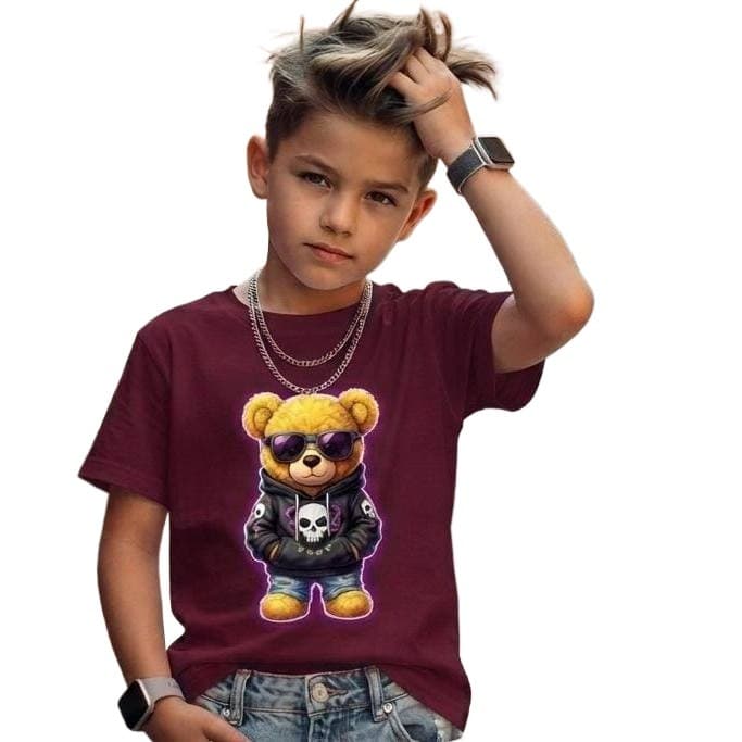 Camisa Infantil Caveira Urso Rock Camiseta Estampada 100% Algodão Tecido Leve Premium