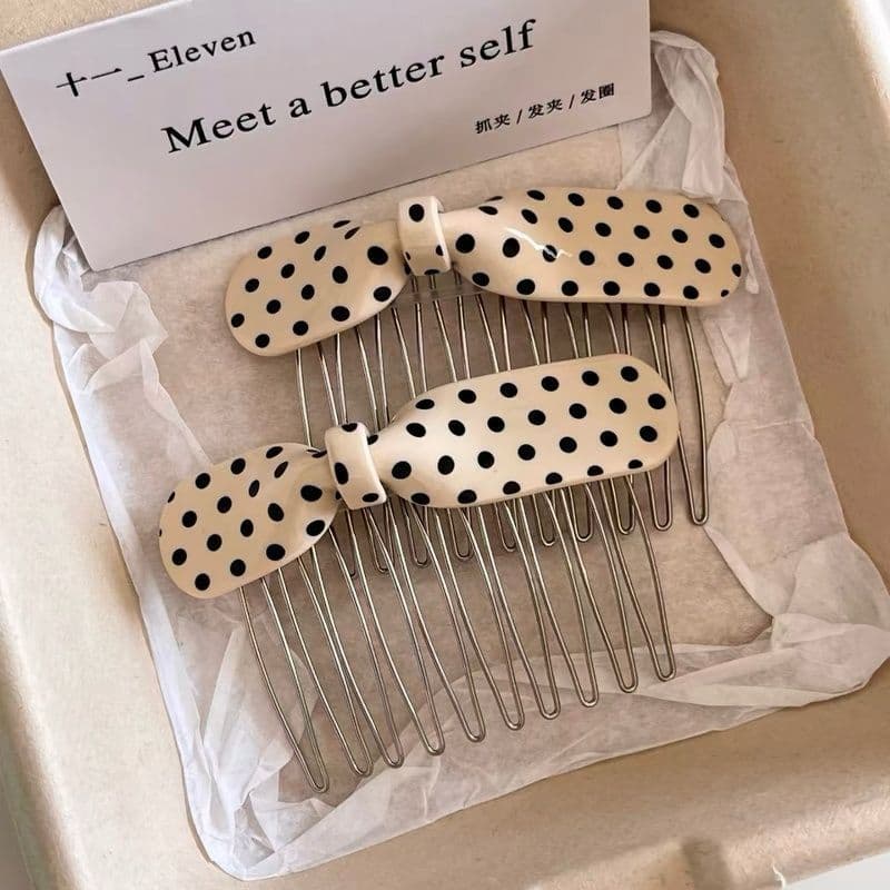 Pronto estoque Preto branco bolinhas arco pente de cabelo pente de cabelo Retro doce simples estudante Hairpin inserção