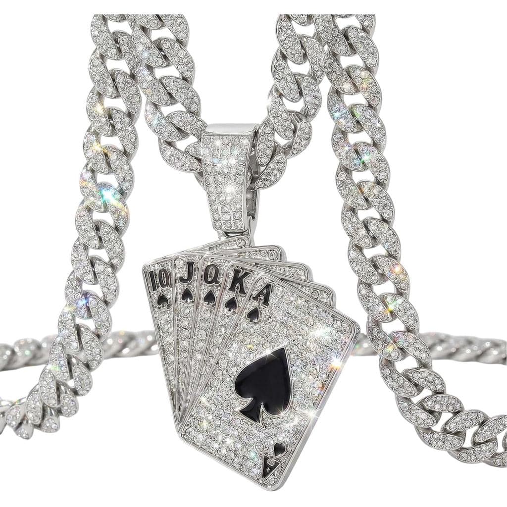 Corrente Miami Cuban Link Cravejada de Pedras com Pingente de Carta de Baralho Royal Flush, Colar Hip Hop Banhado a Ouro