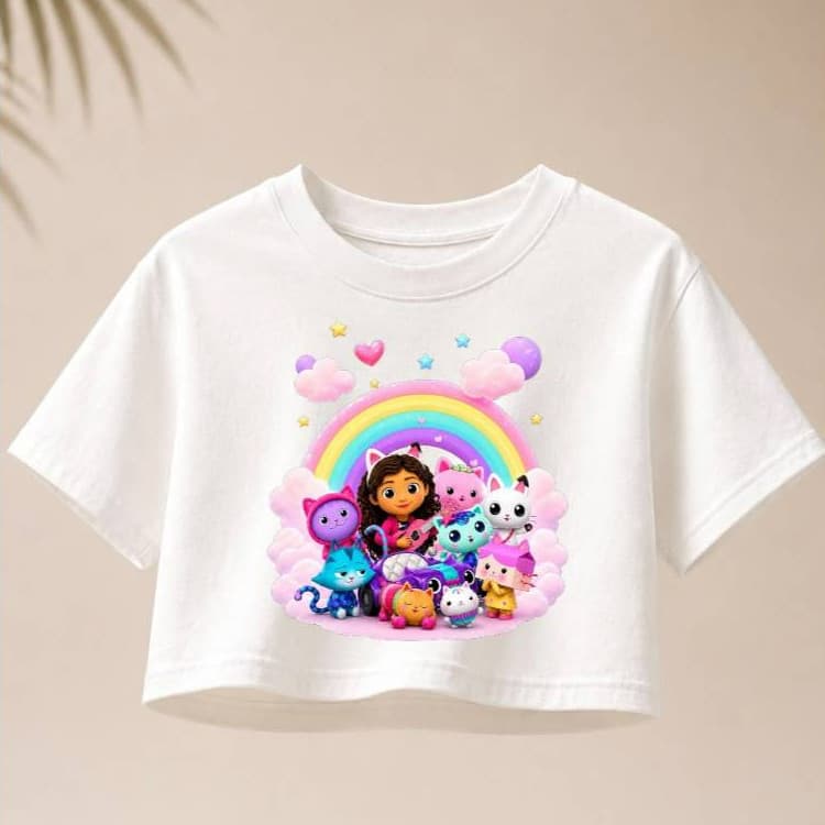 Cropped Camiseta Infantil Casa Mágica da Gabby e Pandy Paws Blusa 100% Algodão Modinha Menina