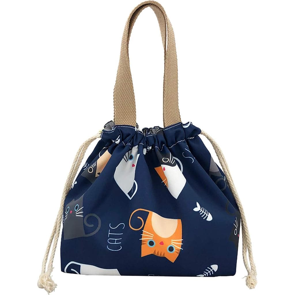 Mini Bolsa Térmica Reutilizável Pequena e Bonita com Cordão, Adequada para Meninas e Mulheres, Azul Gato Q46N