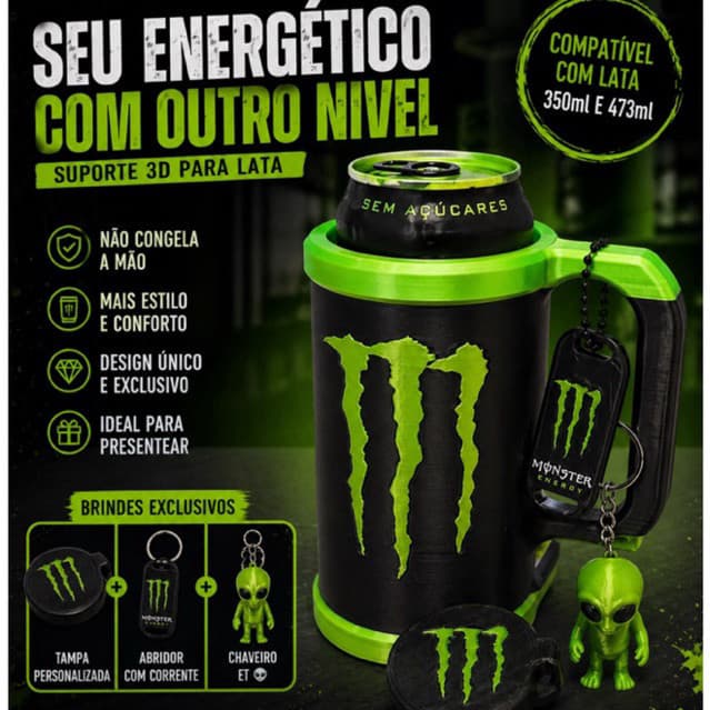 Suporte para Lata de Energético 3D + Tampa + Abridor + Chaveiro ET  | Porta Lata Estilo Caneca Inspirado Monster Energy