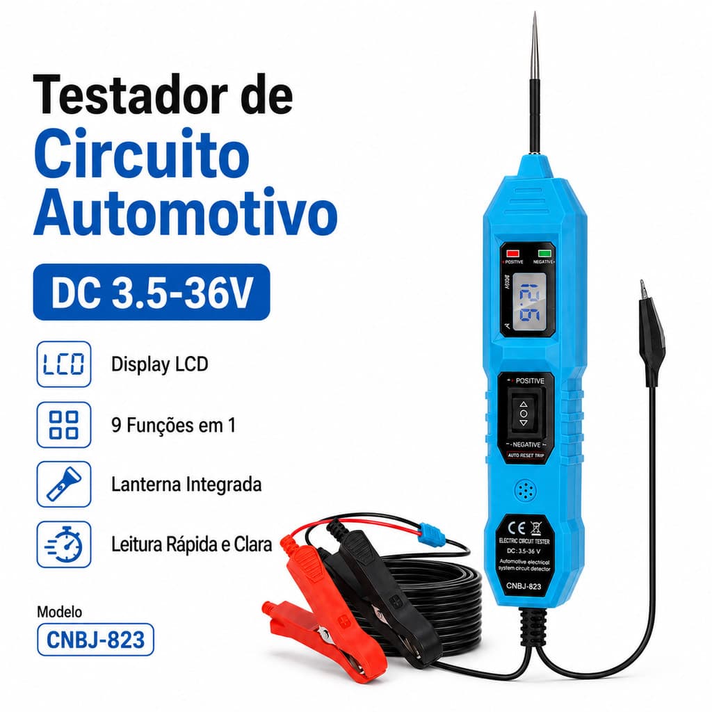 Testador de Circuito Automotivo 3,5-36V 9 em 1 LCD Caneta Elétrica com Cabo 4,5m