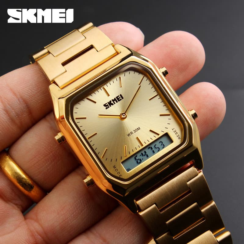 Relógio de Pulso Masculino SKMEI Dourado Quadrado com Duplo Display Analógico Digital à Prova d'Água, Pulseira de Aço In