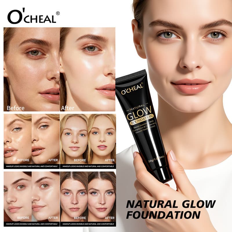 A Base Líquida Natural Glow da O’CHEAL vem com um pincel para aplicação, proporcionando uma cobertura duradoura e disfar