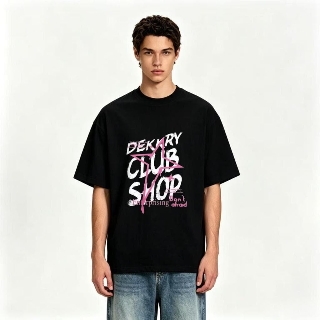 Camiseta Unissex Gola Redonda 100% Algodão Estampa Letras e Estrela Rosa Hip Hop Streetwear Casual