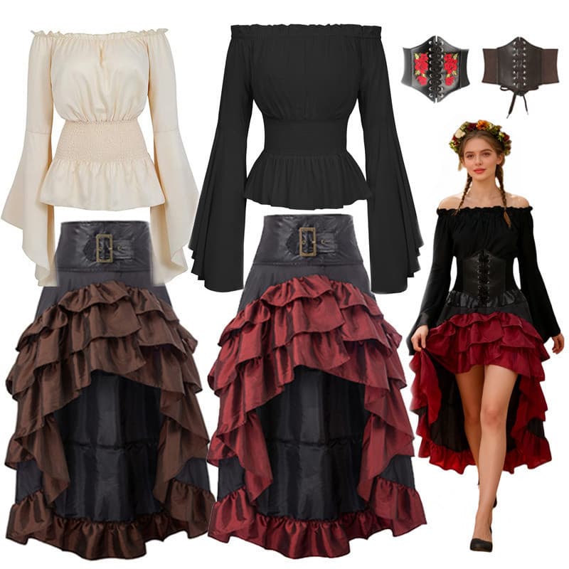Fantasia de Pirata Medieval Feminina para Halloween, Vestido Completo com Corset, Traje Vintage para Festa e Cosplay A10