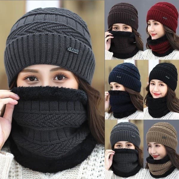 Conjunto de Gorro e Cachecol Feminino de Inverno, em Veludo, Quente e Espesso, Gorro de Malha, Protetor de Pescoço, Gorr
