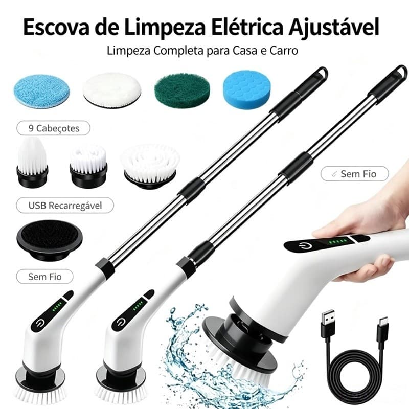 Escova de Limpeza 9 Em 1 Recarregavél Elétrica Giratória Com Cabo Alongador Airer