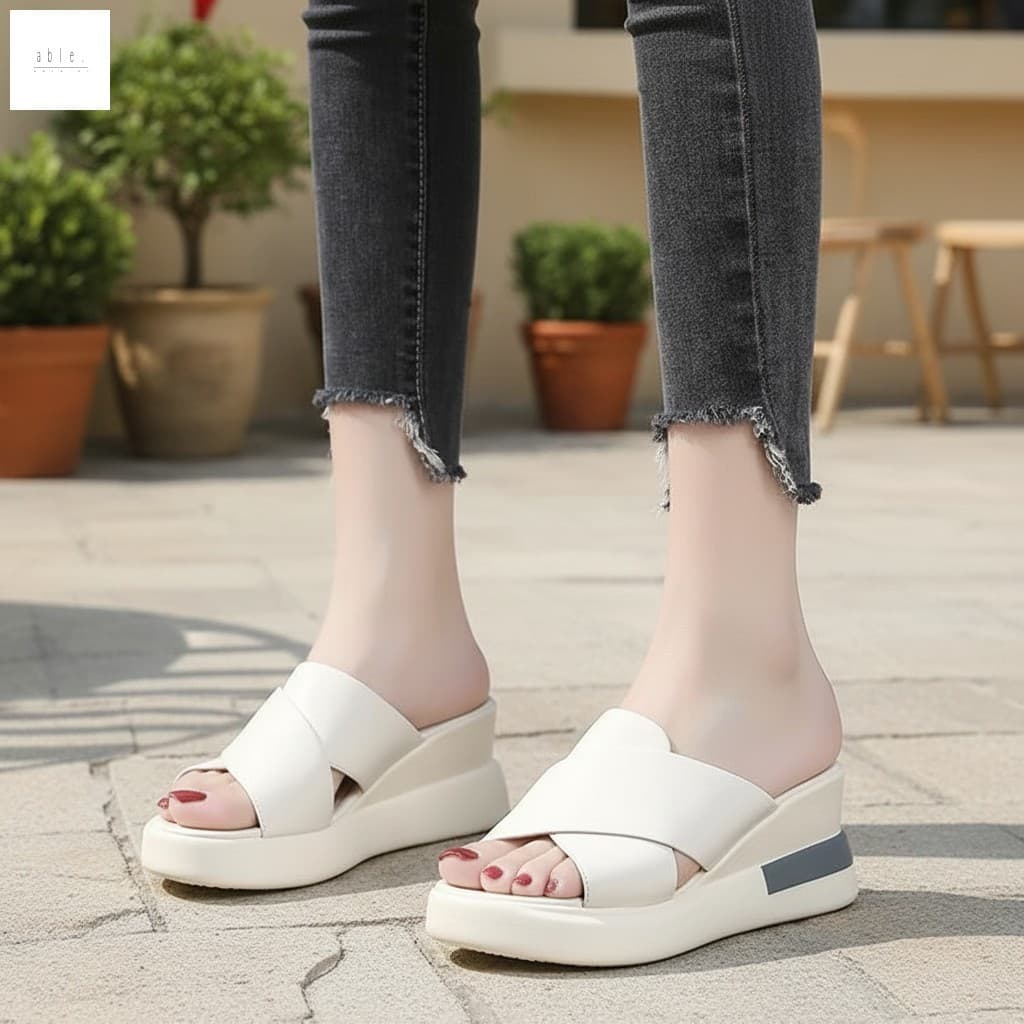 Sandálias Femininas Peep Toe Cunha Verão Sola Grossa Casual Deslizamento Em EVA