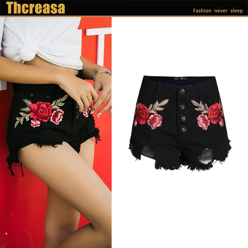 [Novo produto] Shorts jeans femininos preto puro alto tridimensional bordado pés largos fluxo solto bigode jeans shorts