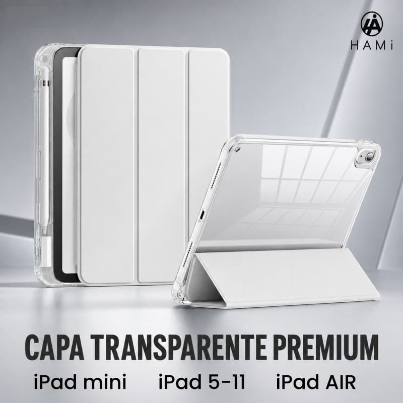 Capa para iPad Transparente Acrílico Porta Caneta Suporte Triplo Auto Wake Sleep Premium