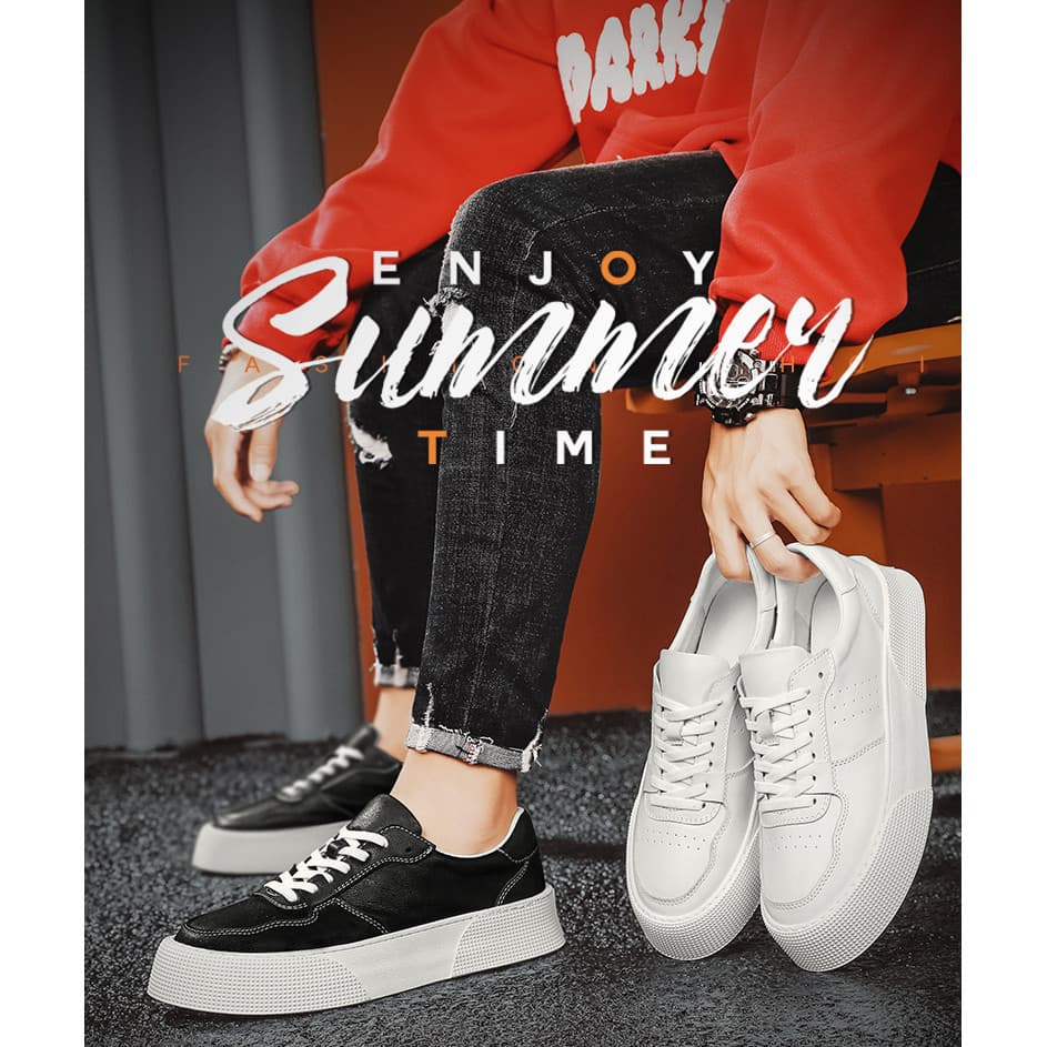 Sapatos masculinos masculinos de couro com sola grossa e branco para esportes ao ar livre