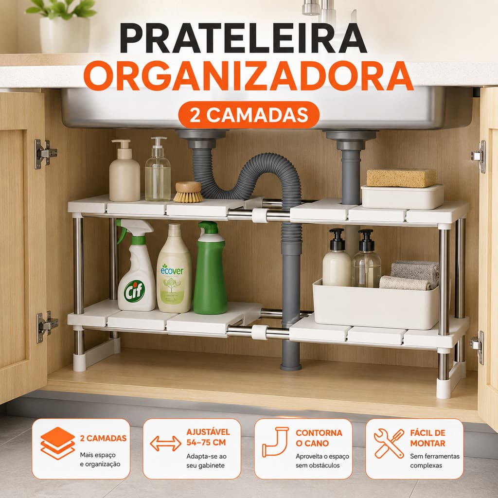 2 Andares Aço inoxidável e plástico em camadas sob a pia rack de armazenamento -Prateleira Expansível para Cozinha