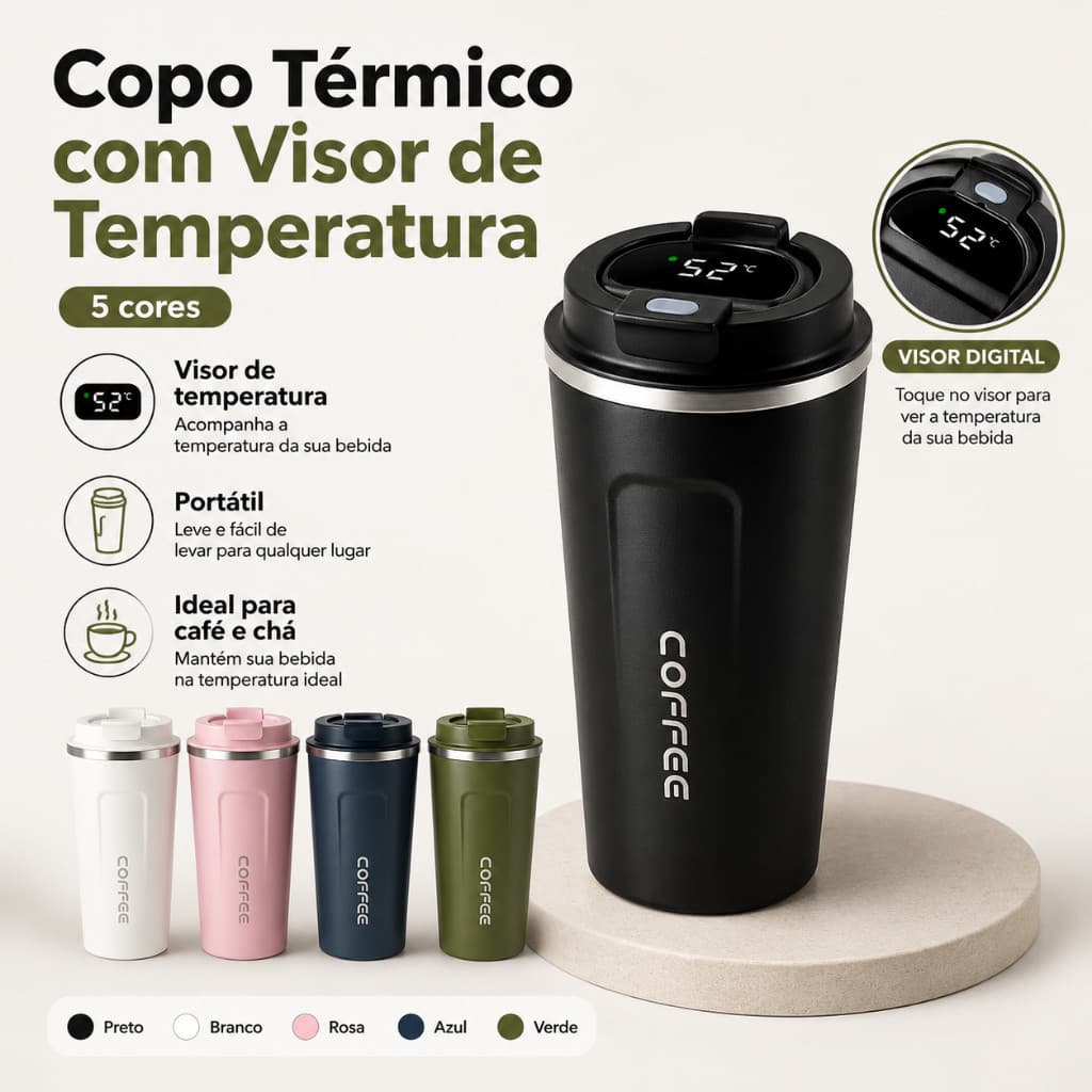 Caneca Copo De Café Coffee COM DIGITAL Termico de Aço Inoxidável 510ML quente frio