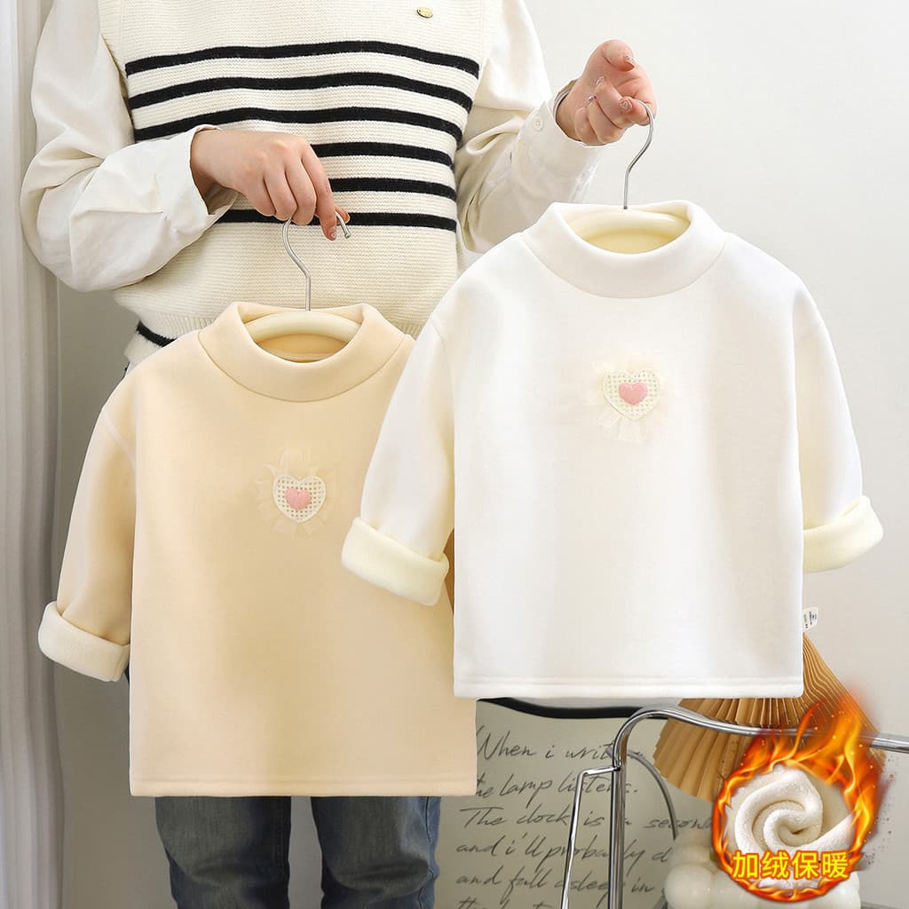 Novo estilo meninas camisa de fundo quente outono inverno mais veludo engrossado gola média alta camiseta crianças menin