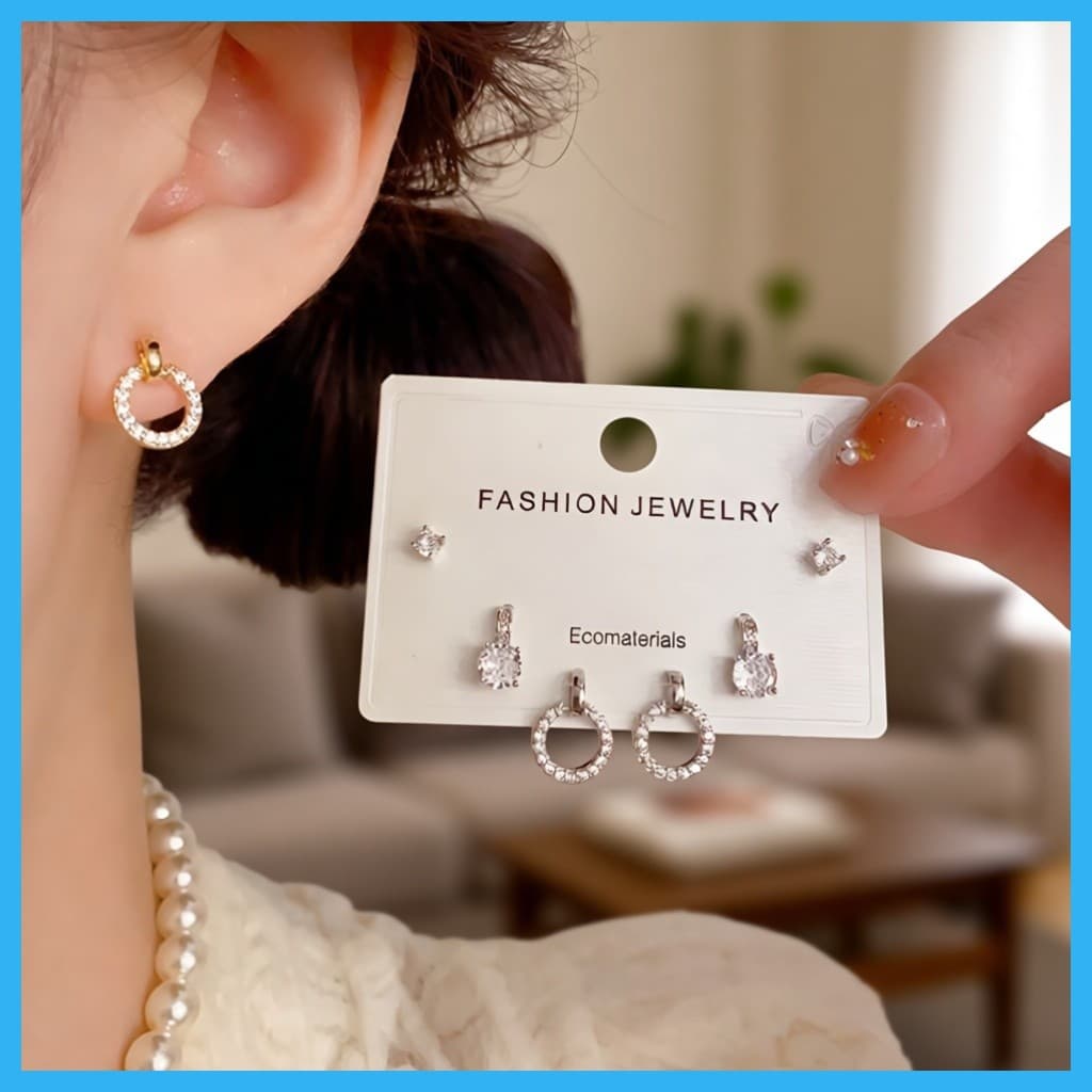 [Joias Da Moda] Conjunto De Mini Brincos De Zircônia Cúbica Banhado A Ouro 14K , 3 Peças/Coreanos