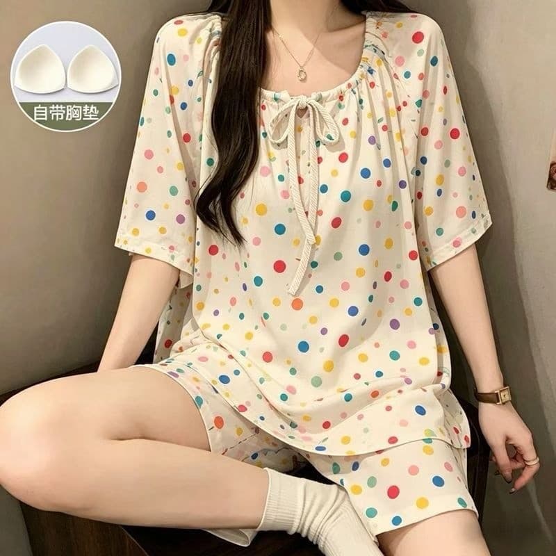 Pijamas de manga curta com almofadas no peito feminino verão fio de seda gelo doce solto tamanho grande pijamas feminino