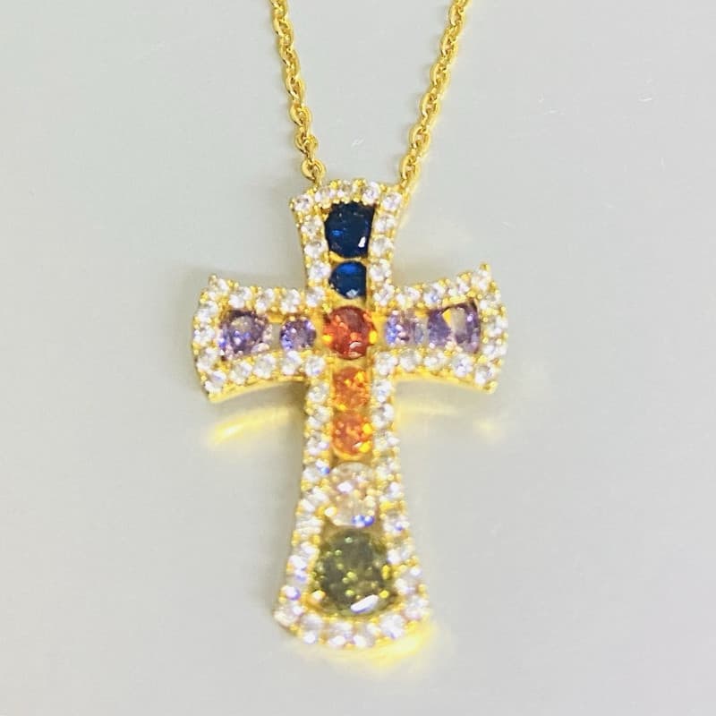 Microconjunto de pingente de cobre cruzado Hip-Hop com diamantes colar combinado de zircônia colorida