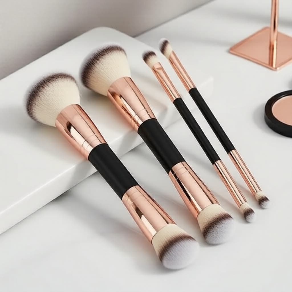 Conjunto de 4 Pincéis de Maquiagem Duplos USKI Pro – Versátil para Base, Corretivo, Pó e Esfumar