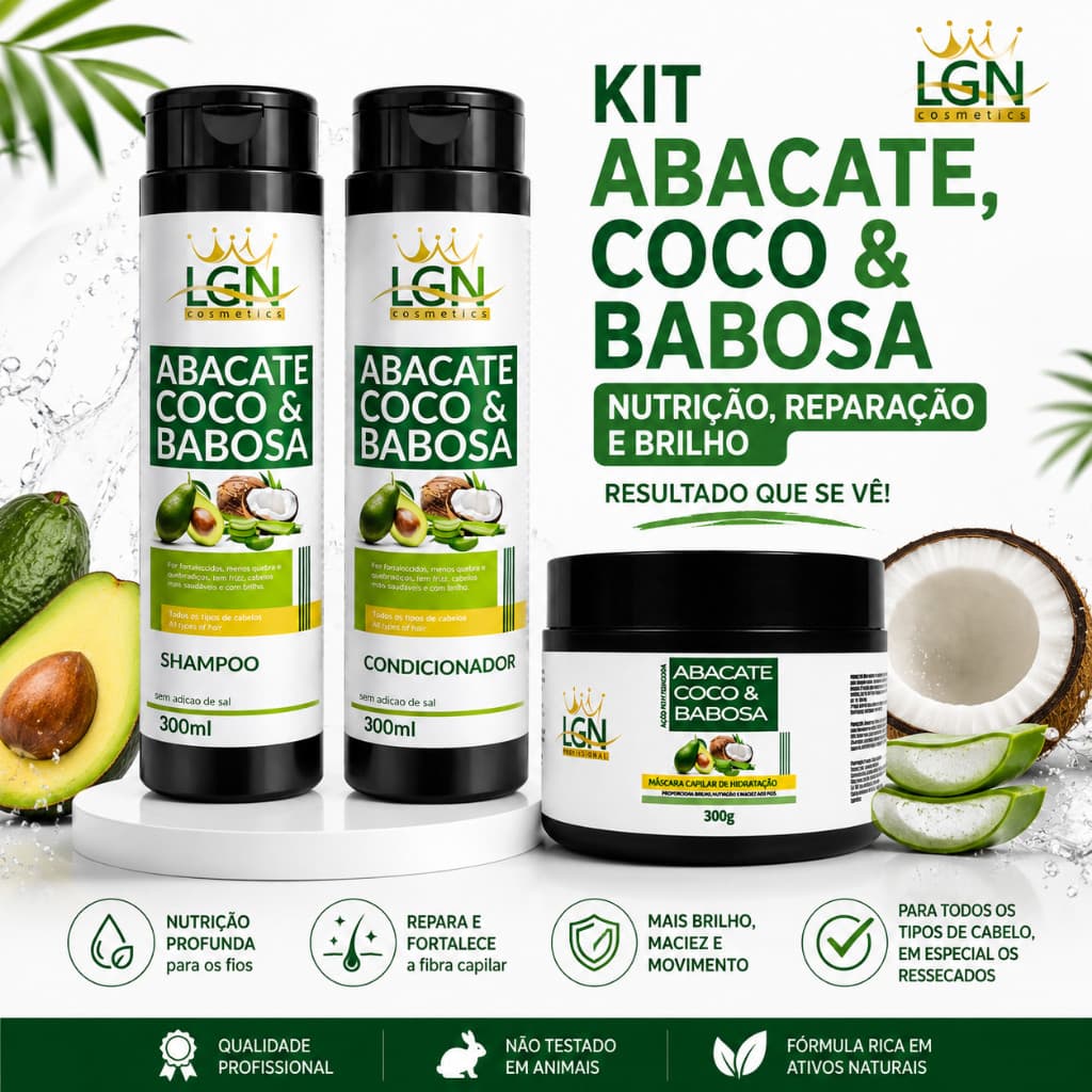 Kit salva cabelo| Shampoo+Condicionador+Máscara abacate, coco e babosa 300gr - LGN Cosmétics