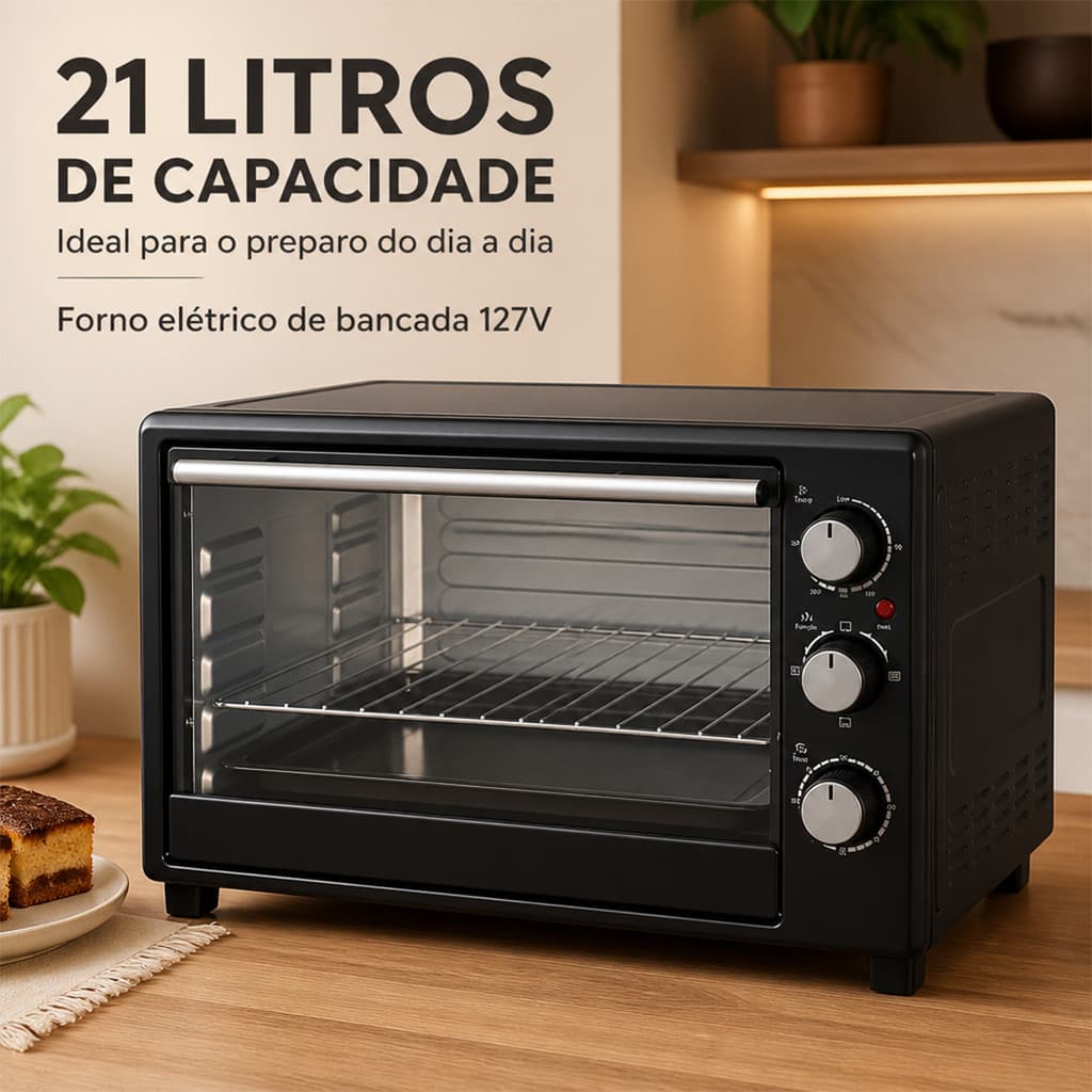 Mini Forno Elétrico De Bancada Para Assar Grelhar Sem Óleo 21L 1200W 110V