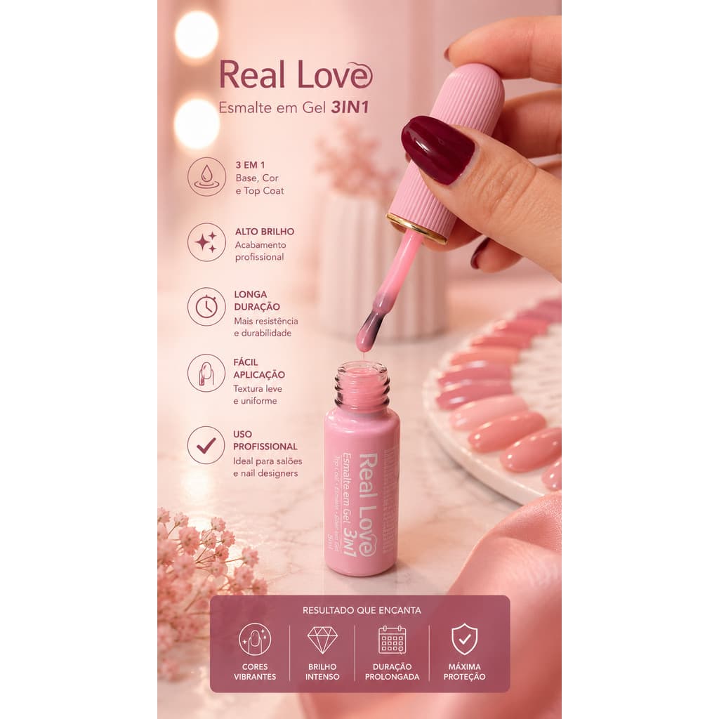 Esmalte em Gel 3 em 1 Real Love Cor de Mão Limpa  Rosa Fundo Realista 5ml Base Esmalte Top Coat