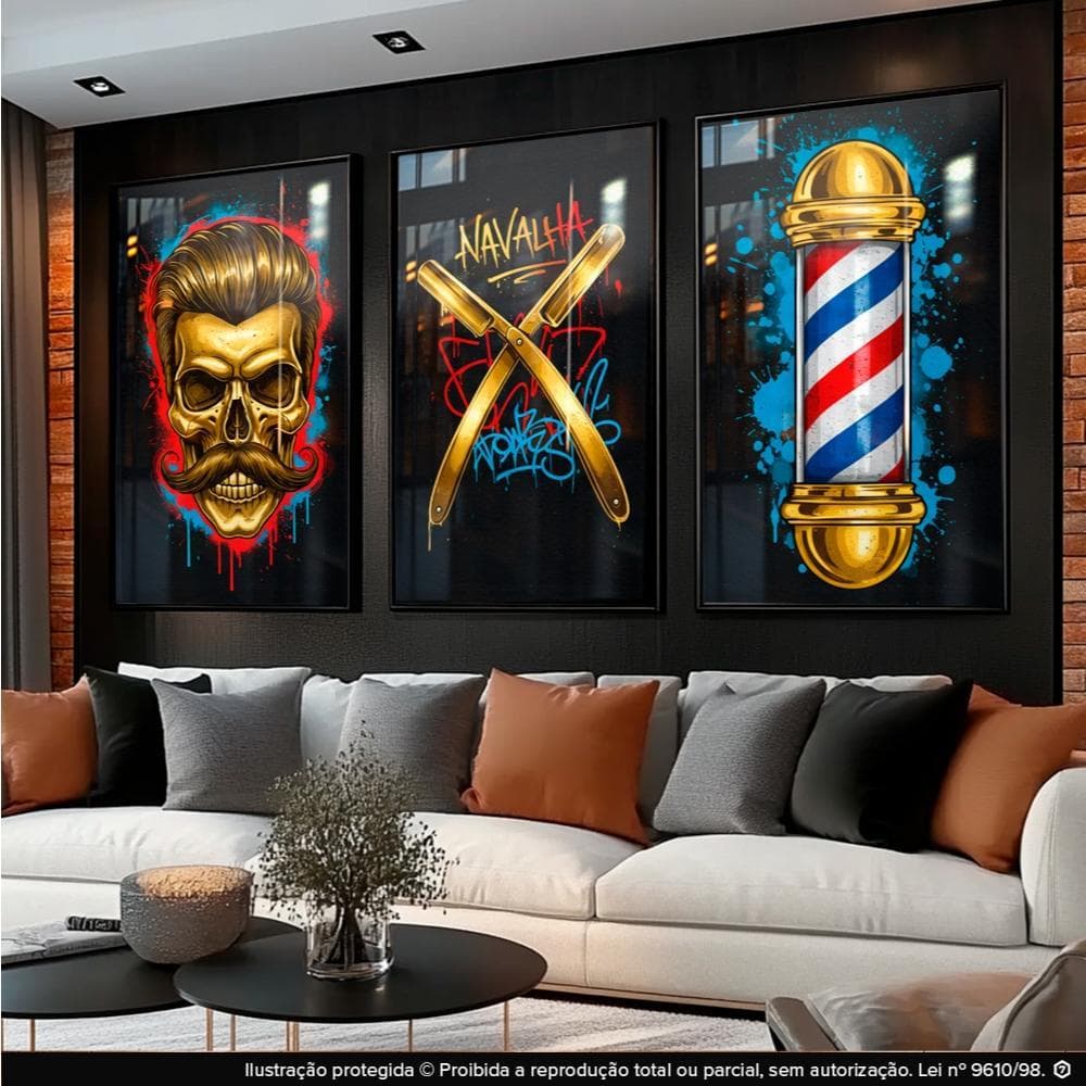 Quadros Decorativos kit 3 Peças para Barbearia Colorido Navalha Corte Moderno