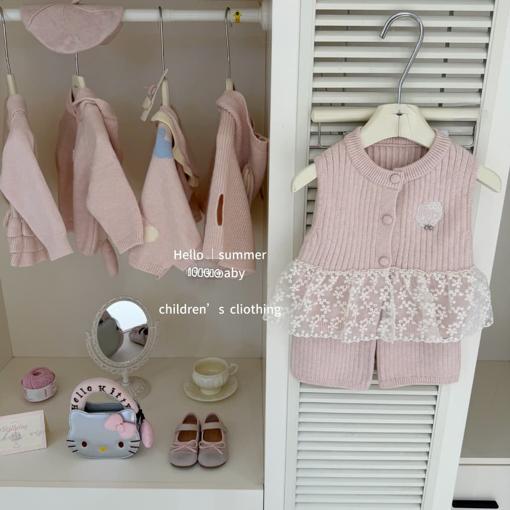Outono meninas KT Co-marca colete de malha calças terno renda guarnição Design sentir elegante terno de duas peças bebê