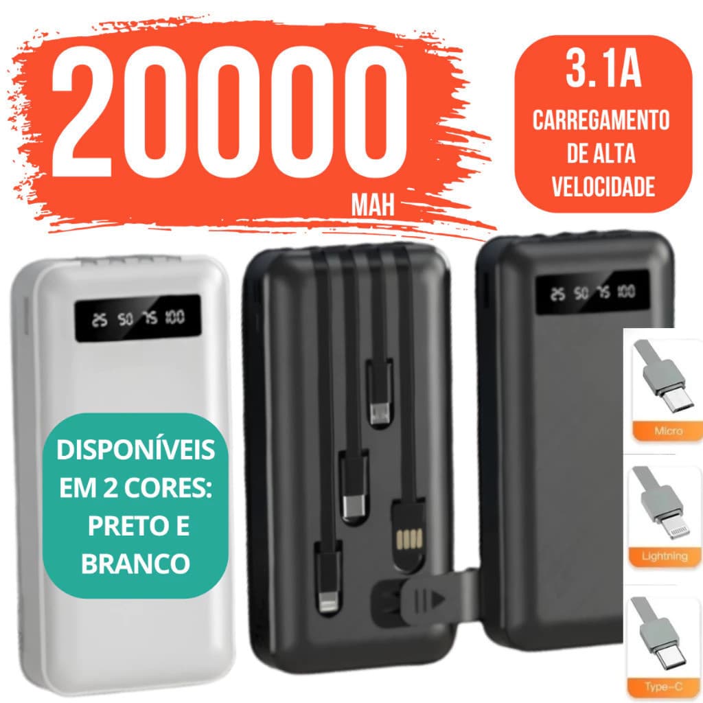 Carregador Power Bank Portátil de celular 20000mah Universal Saida 4 Cabos MOBY LUX