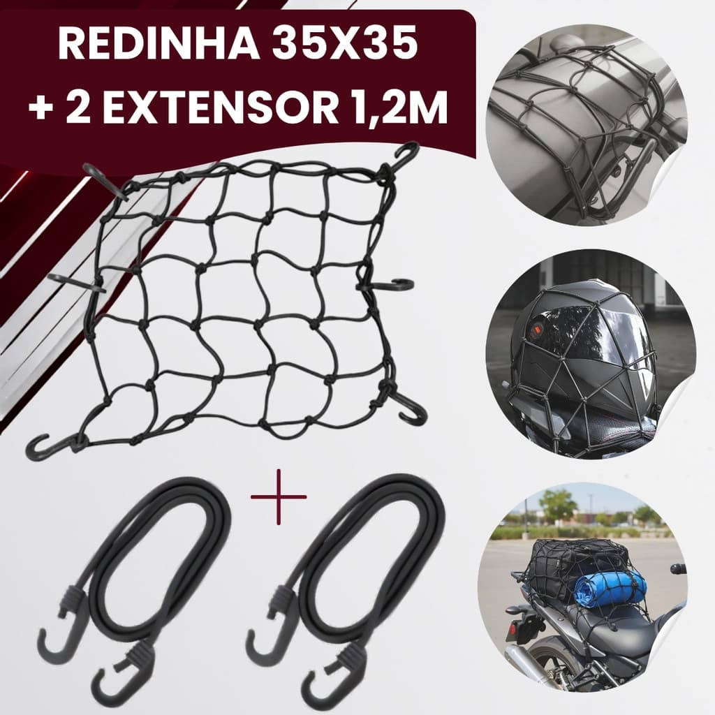 Rede Elástica Aranha Reforçada para Capacete Bagageiro Moto Redinha Carga Com ou sem Extensor Bau