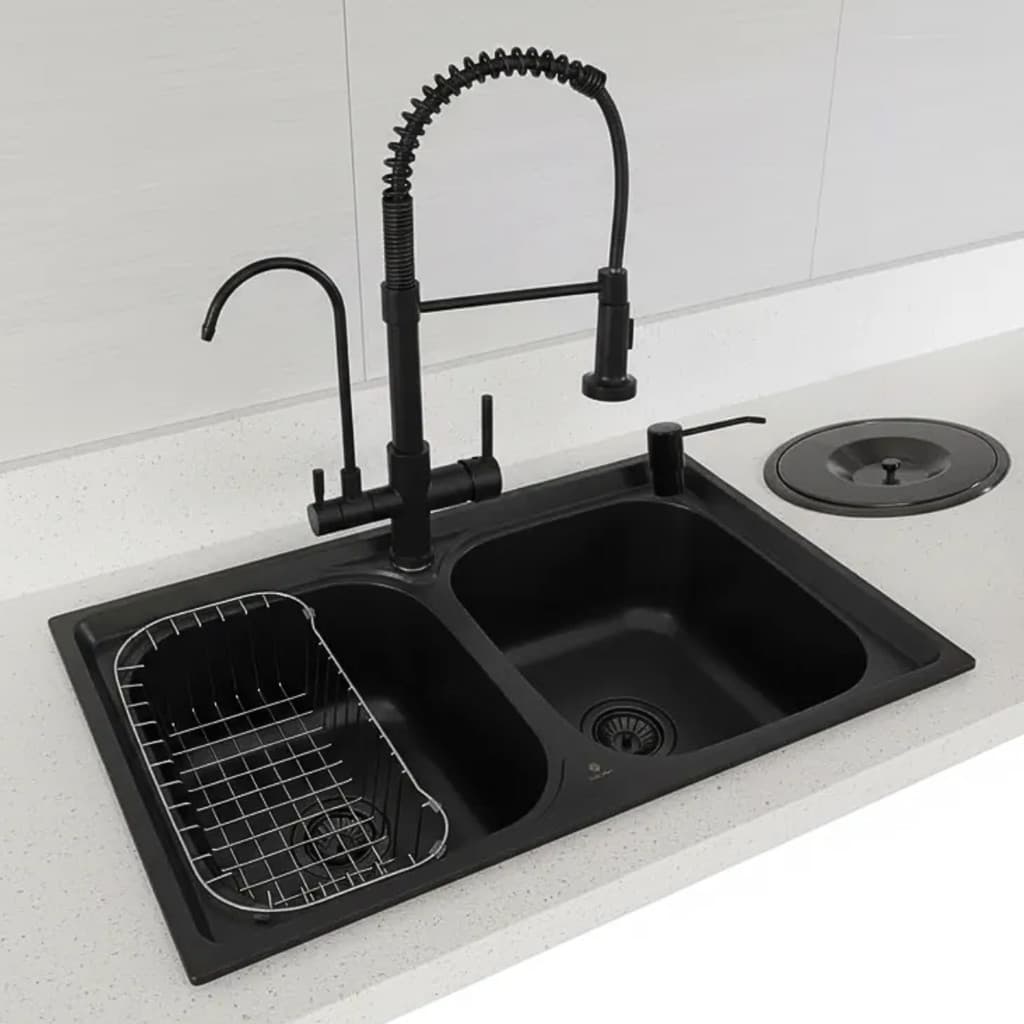 Cuba Dupla Inox PRETA + Torneira PARA Filtro PRETA E LIXEIRA