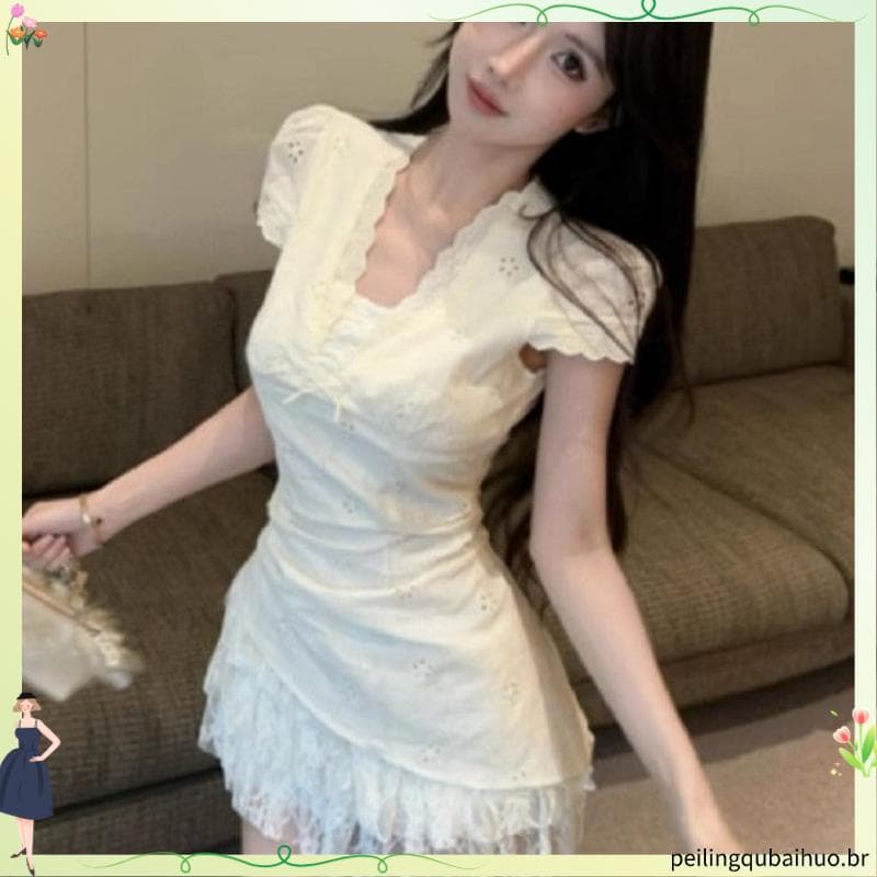 Renda costura damasco com decote em v vestido de manga curta feminino verão estilo suave saia Slim-Fit mais magro olhar