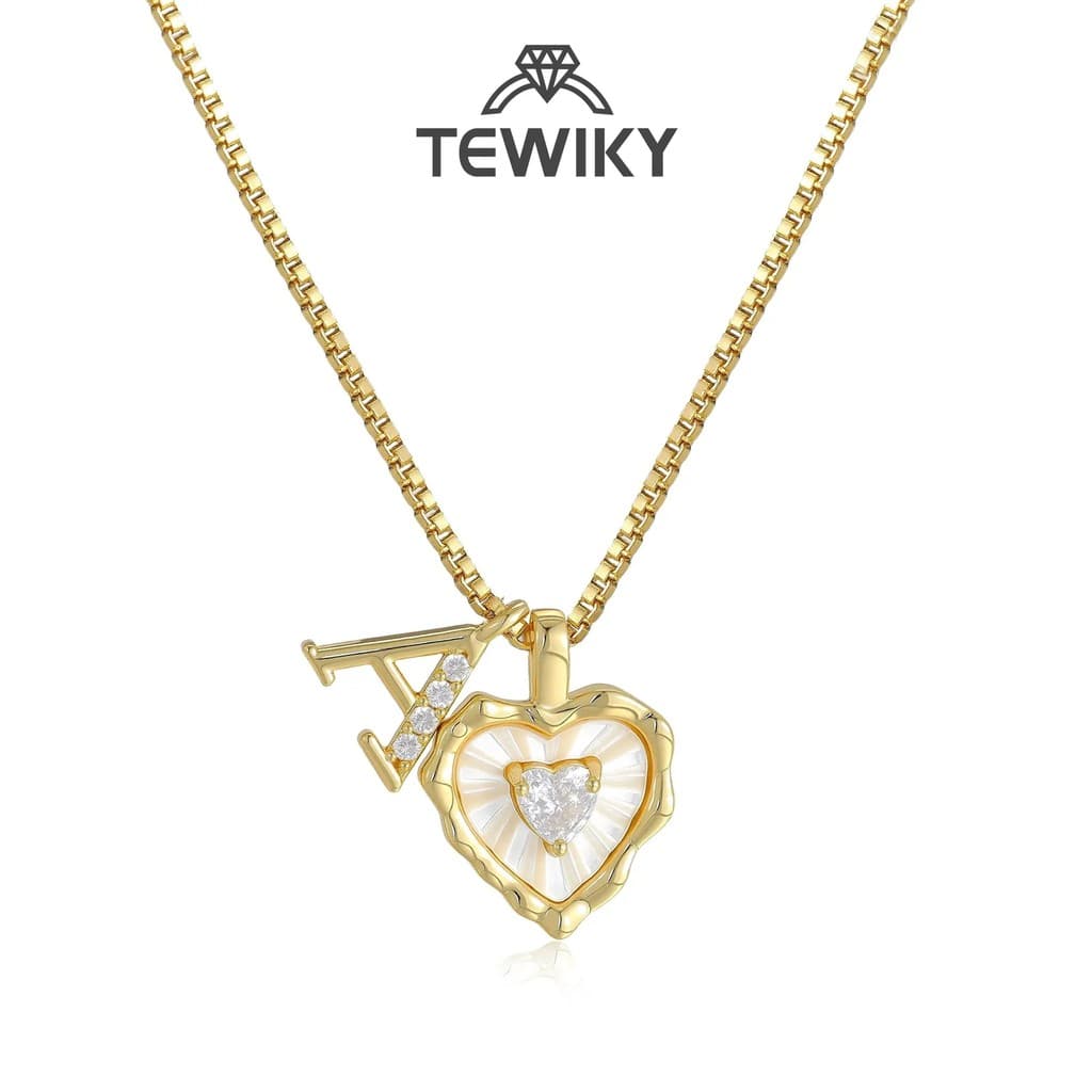 Colar TewikyGoldBoxChain com Pingente de Concha Ondulada e Coração com Zircônia Cúbica, Letra Inicial A-Z, Micro Pavê, P