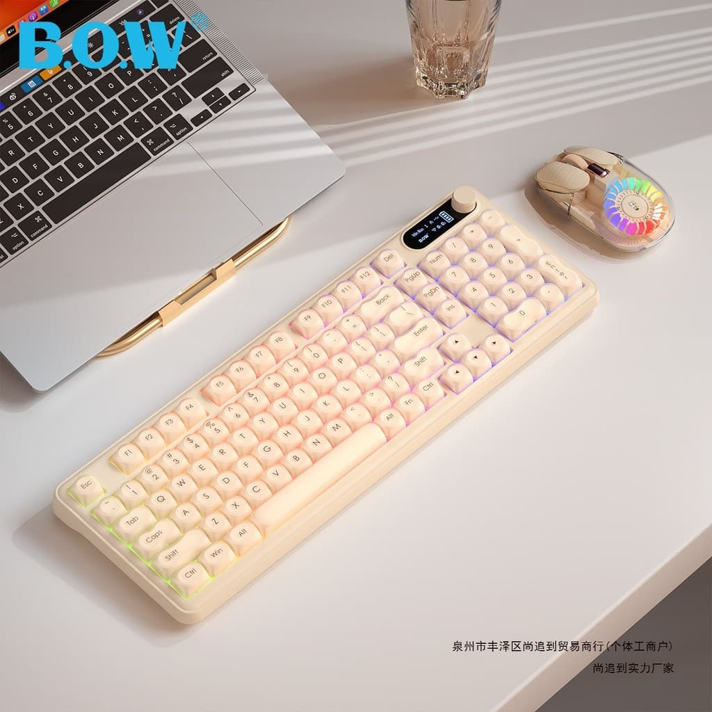2026 novo estilo arco base líquida três modos sem fio teclado Bluetooth com fio de alto valor meninas sensação mecânica