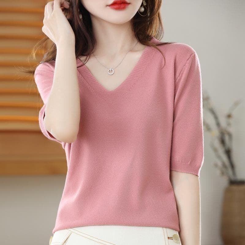 Pulôver camisola feminina de malha de manga curta camiseta feminina novo estilo metade