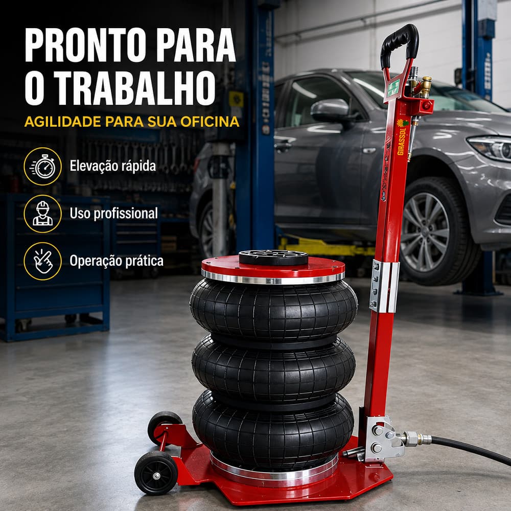 Macaco Pneumático 3 Ton Sanfona 15-40cm – Levanta em 5s com Rodízios para Carros e SUVs