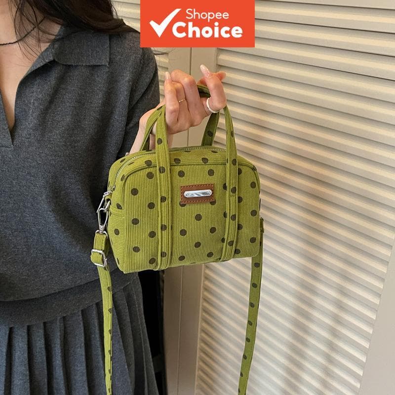 Bolsa de mão vintage de veludo com estampa de bolinhas, mini bolsa Boston feminina, alça removível, tiracolo, grande