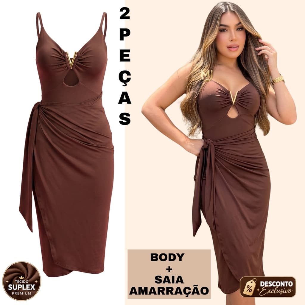 Conjunto Feminino 2 Peças Body + Saia de Amarração Suplex Premium Elegante Casual Moda Tendência