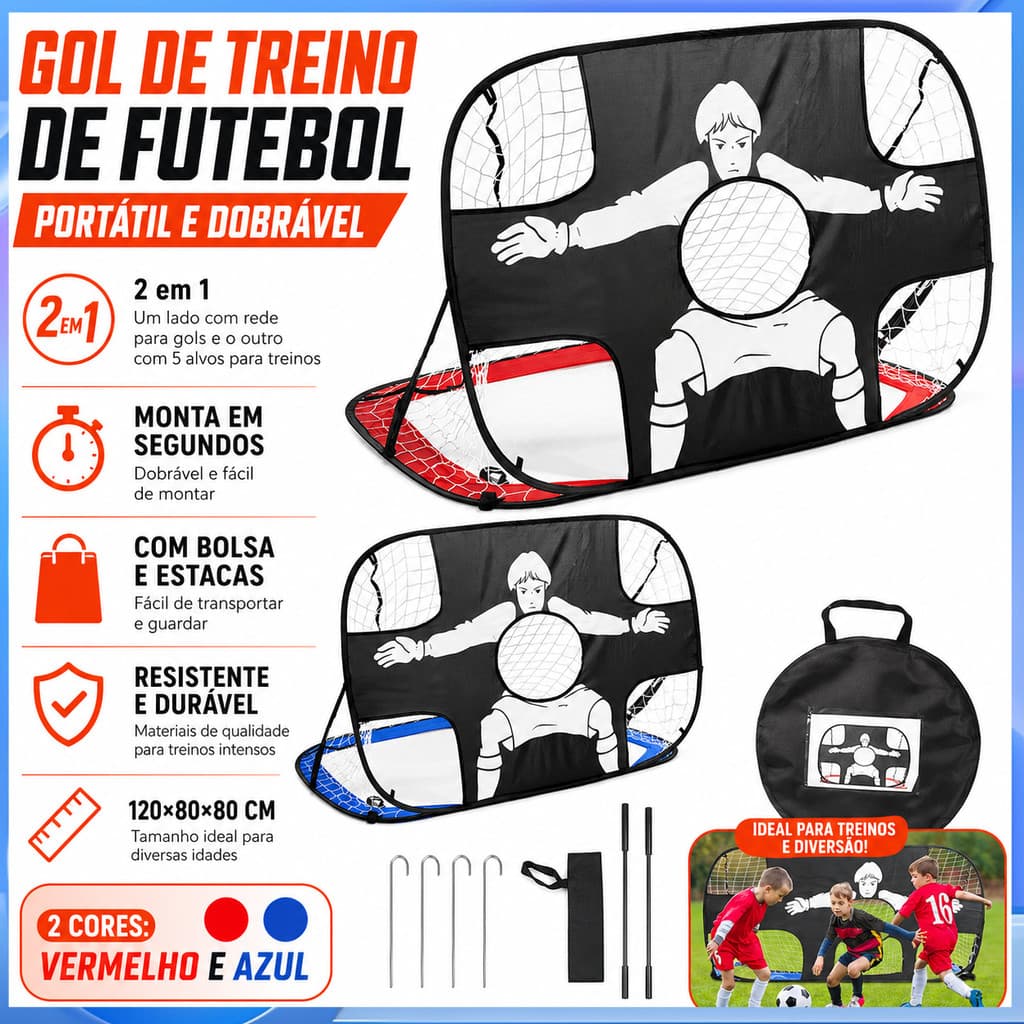 Portão de futebol dobrável dois em um de dupla face para crianças rede de treinamento de tiro portátil