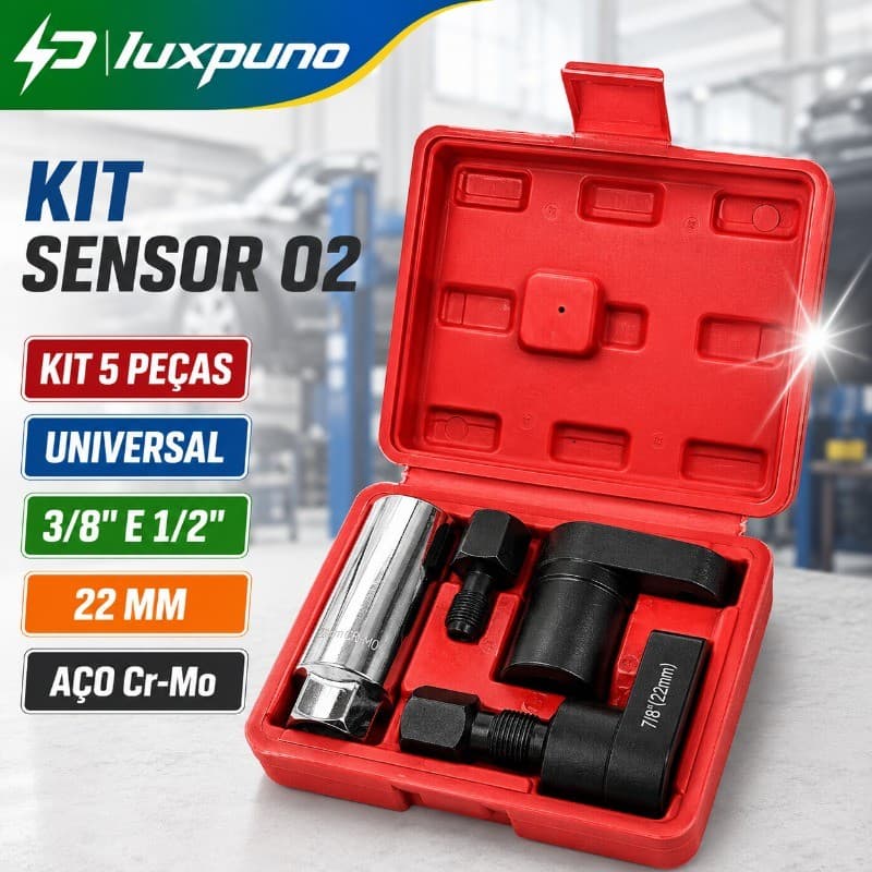 Kit 5 Peças Chave para Sensor de Oxigênio O2 Universal -3/8", 1/2" e 7/8" (22mm) com Roscador Adequado para automóveis